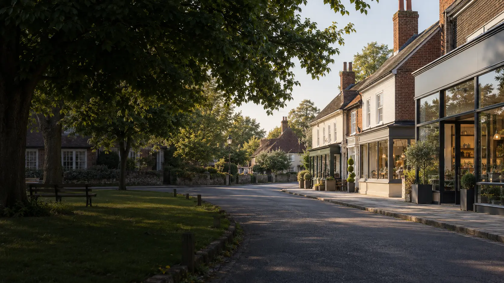 Illustrative commercial shopfront windows beside a village green in a Stubbington-style setting