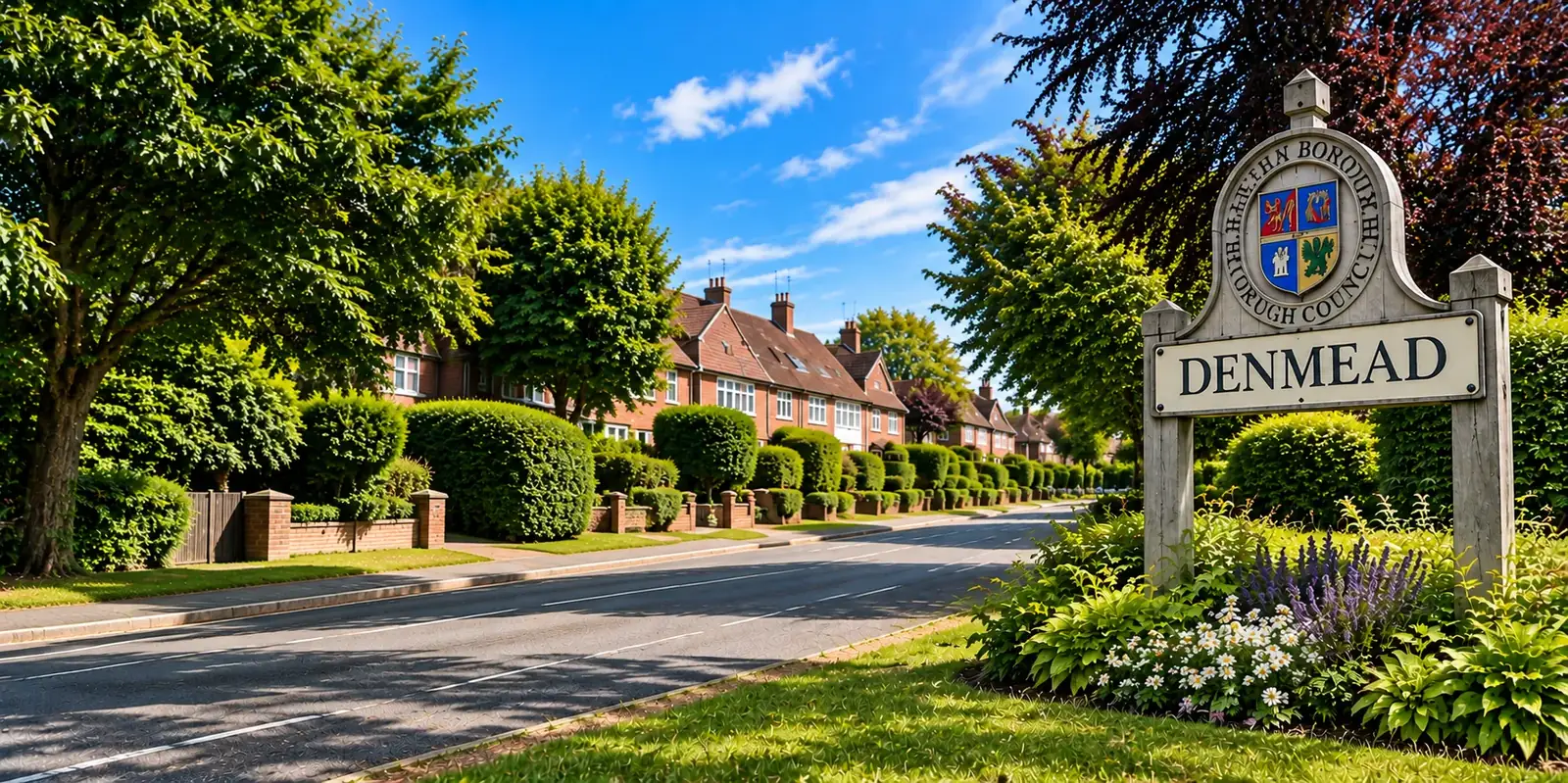 Welcome to Denmead village sign beside a residential street in Denmead, Hampshire