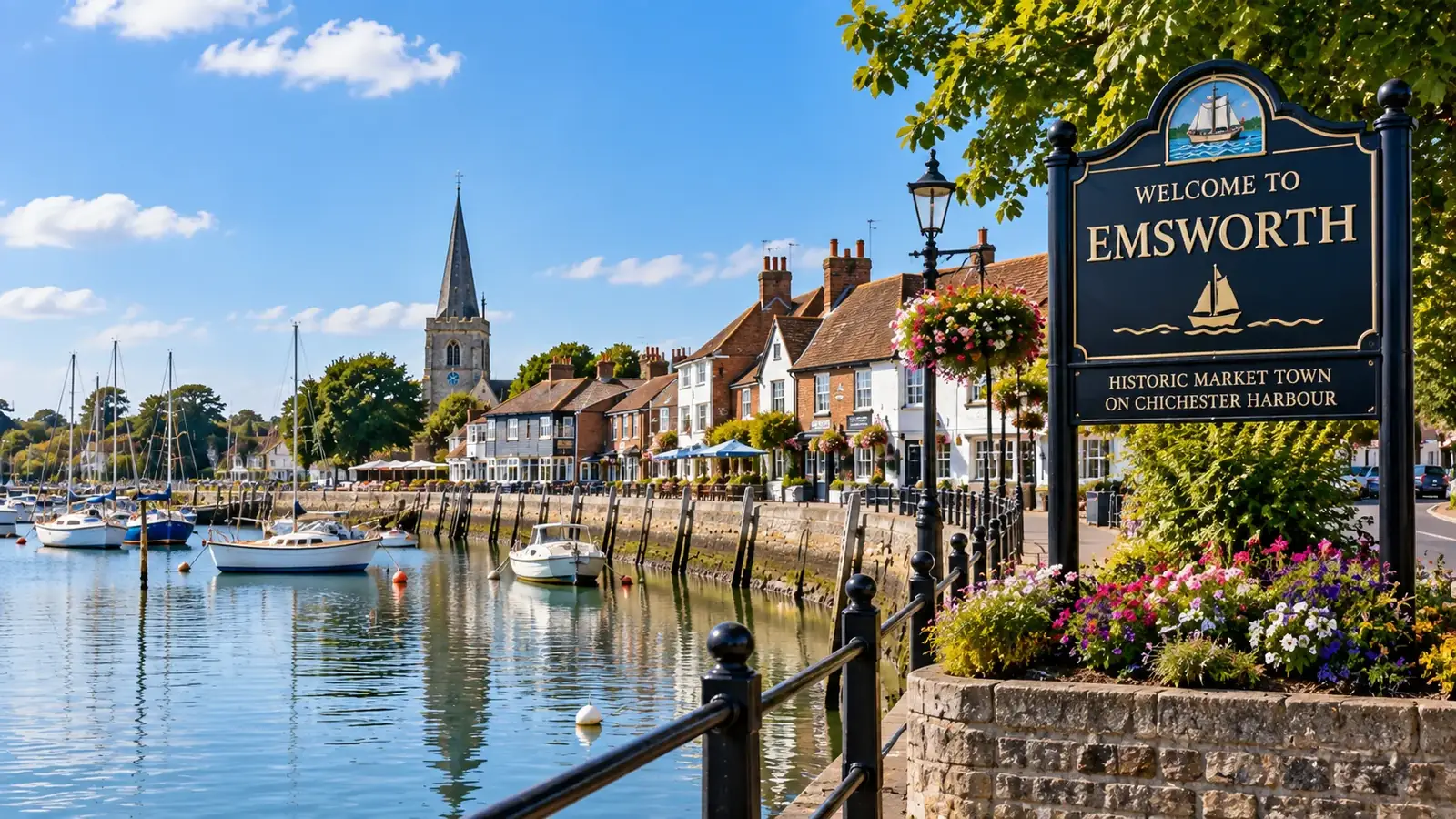 Emsworth harbour with boats, waterfront buildings, church spire and Welcome to Emsworth sign