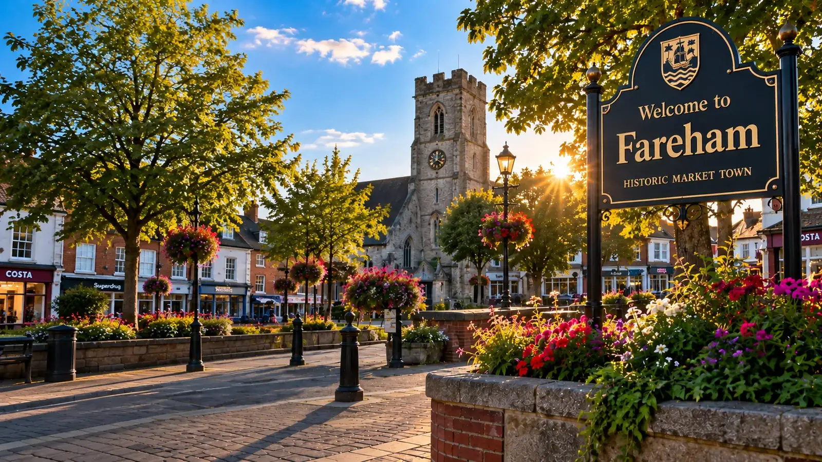 Welcome to Fareham sign in Fareham town centre with historic church and flower displays