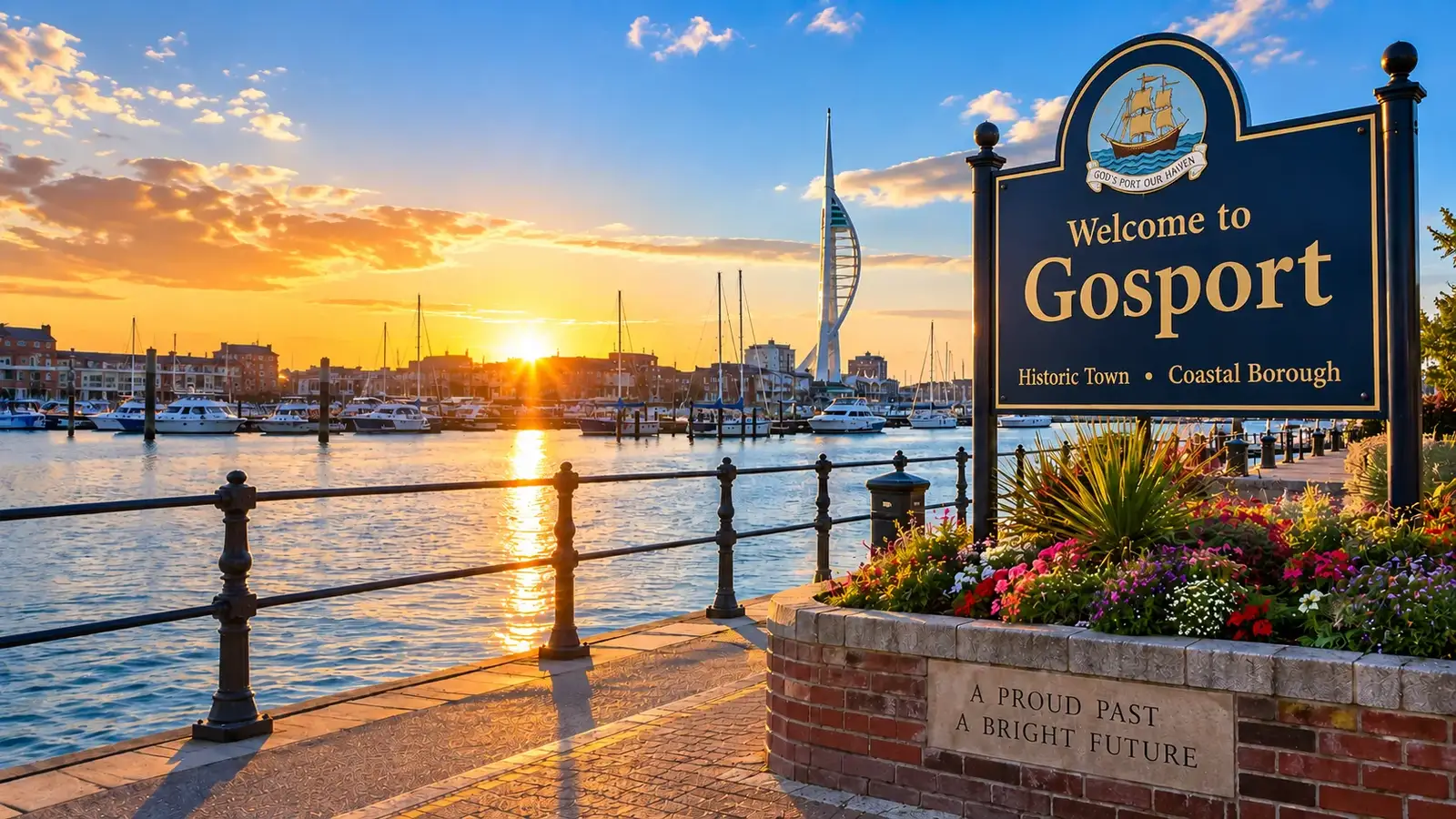Welcome to Gosport sign overlooking Gosport marina and waterfront