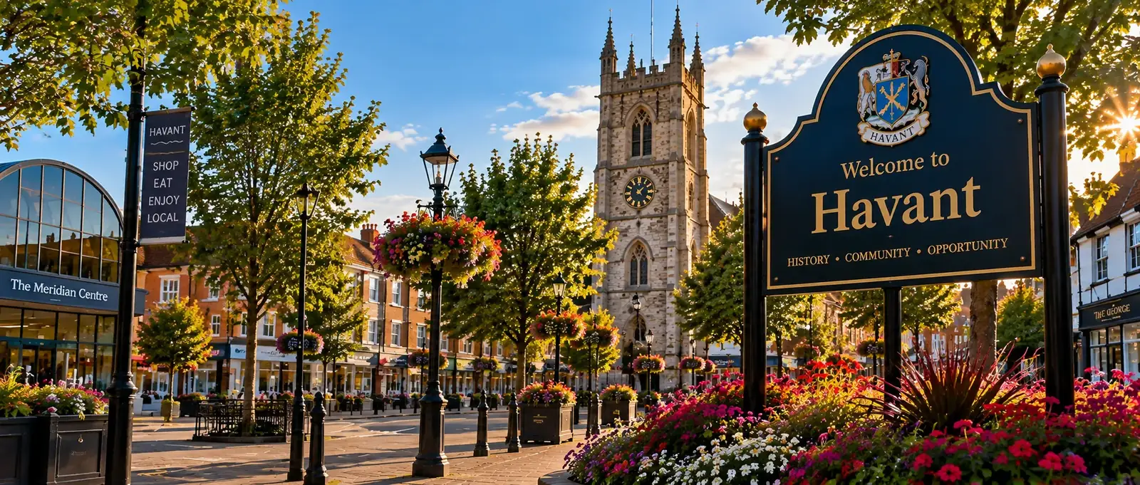 Havant town centre with St Faith’s Church, flower displays and Welcome to Havant sign