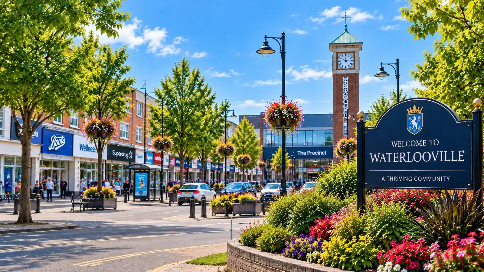 Waterlooville town centre with The Precinct, clock tower, flower displays and Welcome to Waterlooville sign